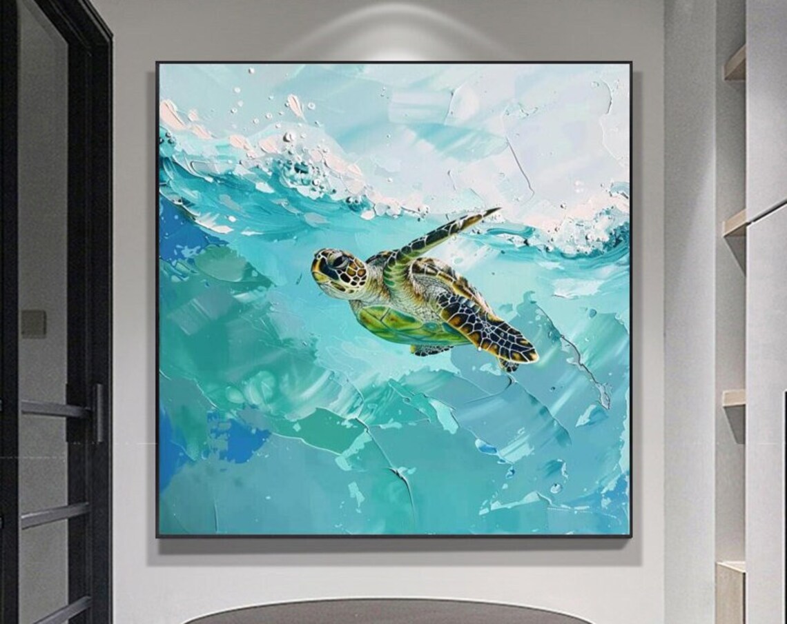 Sea Turtle Abstract Oil Painting, Bold Minimalist
