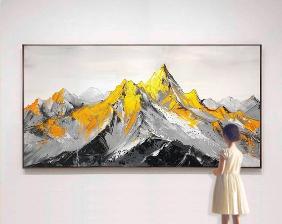Abstract Thick Paint Knife Painting Golden Snow Capped Mountains Textured Layered Art For Living Room Entryway Dining Room