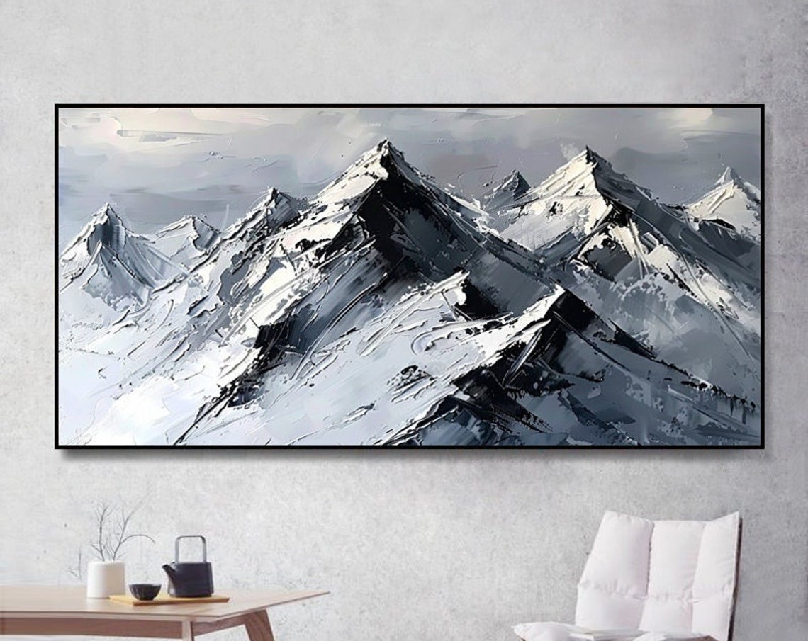 Monochrome Alpine Ridge Panorama Snowy Peaks Mountain Painting Poster