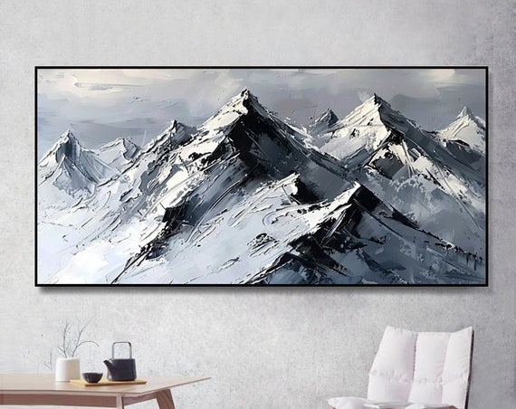 Abstract Thick Paint Palette Knife Painting Gray And White Sky With Black And Gray Snow Capped Mountains Living Room Dining Room