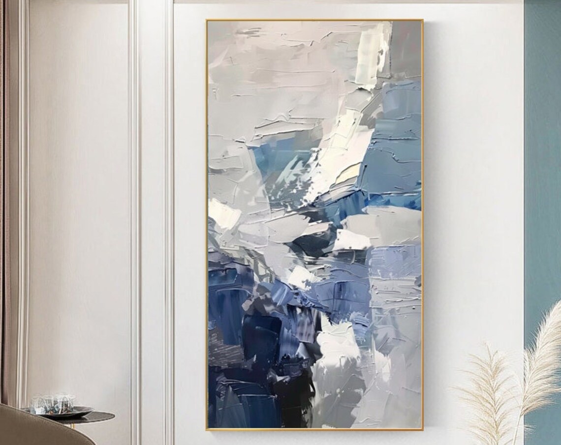 Blue Grey Abstract Vertical Palette Knife Modern Art Painting Poster