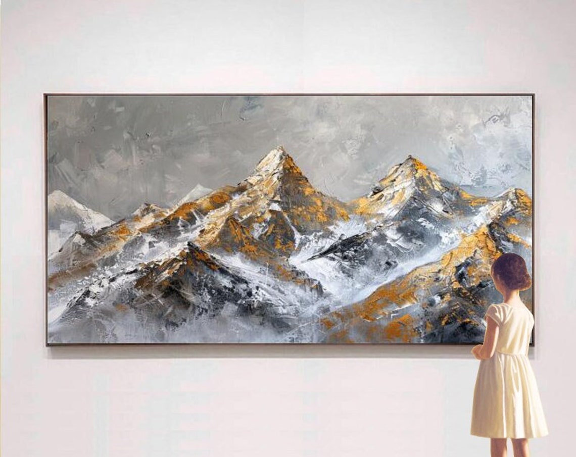 Majestic Golden Snow Capped Mountain Peaks Against Grey Sky Poster