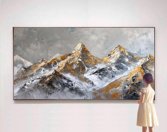 Modern Minimalist Oil Painting Abstract Golden Peaks With Grey Background 3d Texture Vertical Art For Living Room Entryway