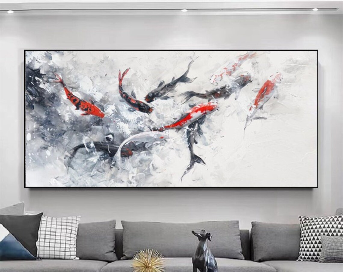Black and White Koi Fish Oil Painting Wall Art - Image 5