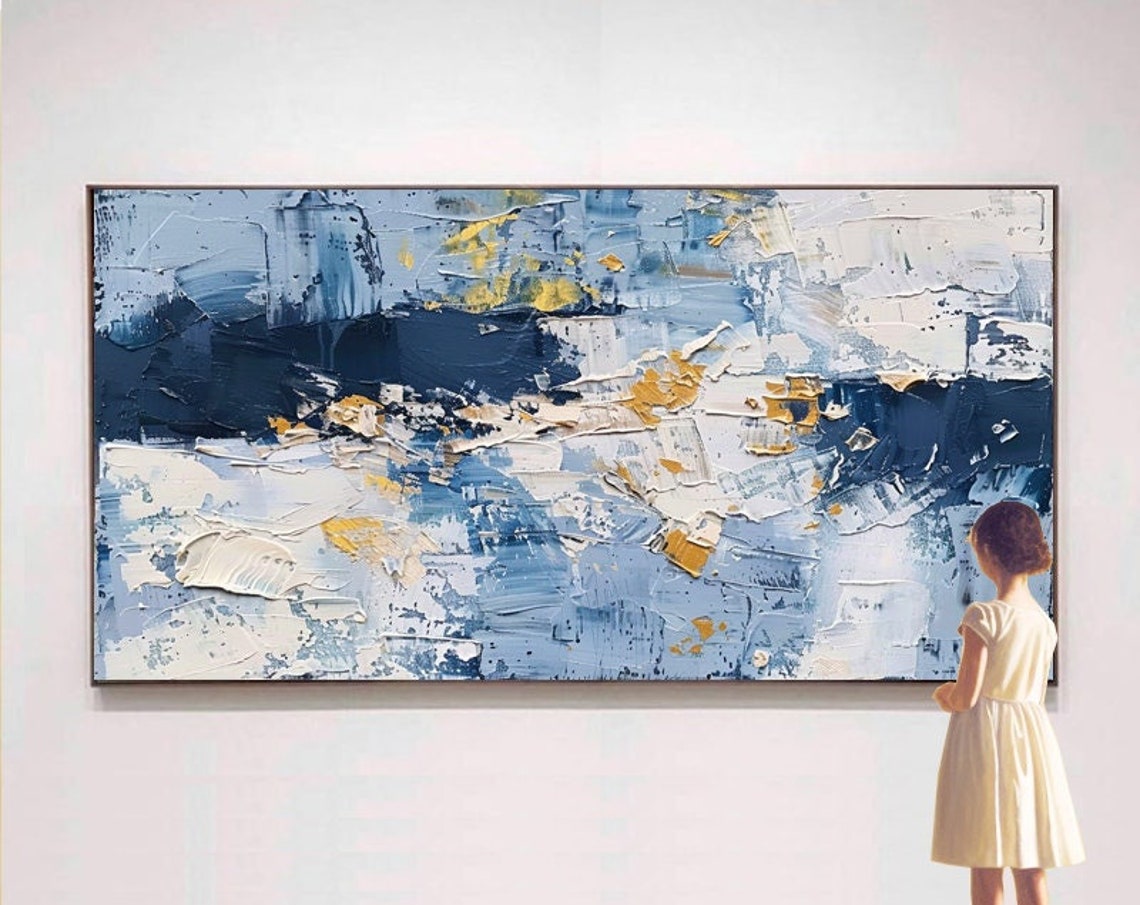 Deep Blue White and Gold Abstract Textured Canvas Artwork Poster