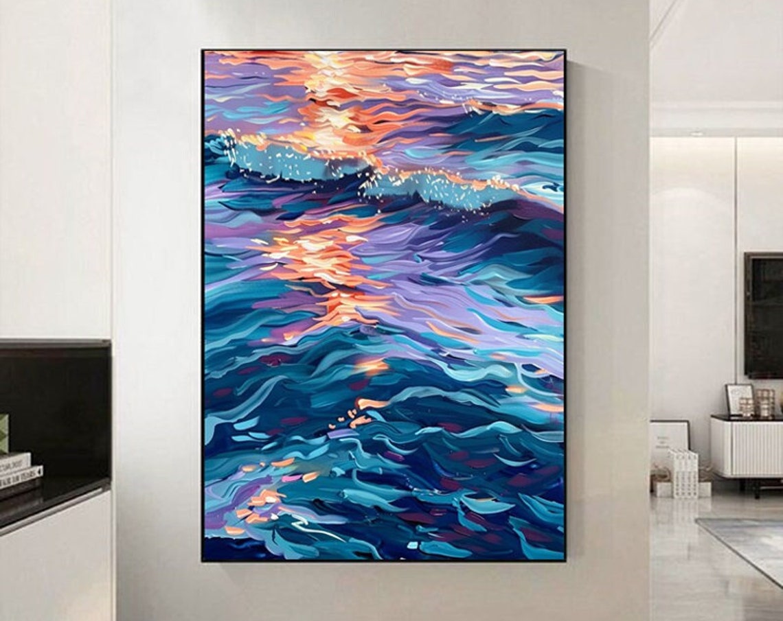 Sunset Reflections On Violet Blue Ocean Waves Vertical Art Poster