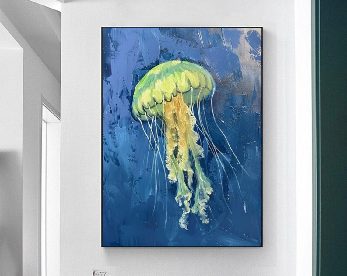 Glowing Green Jellyfish Drifting In Deep Blue Sea Vertical Art Poster