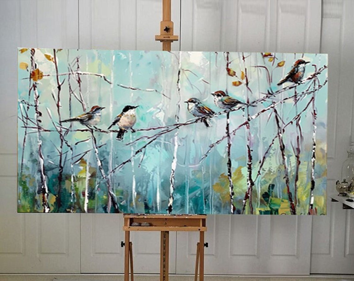 Cheerful Songbirds Perched On Bare Branches Impressionist Art Poster