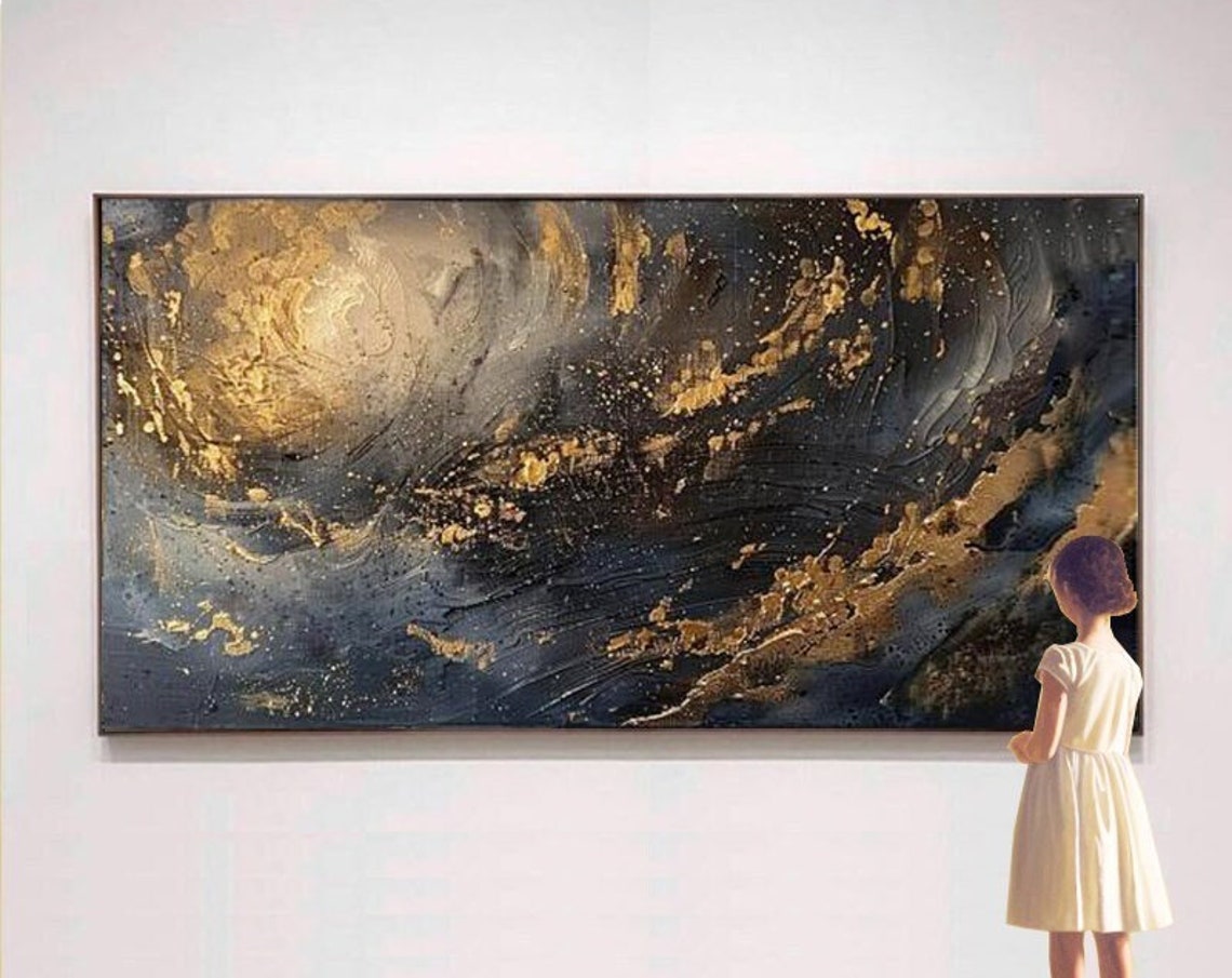 Dramatic Midnight Black and Gold Stormy Swirl Abstract Poster