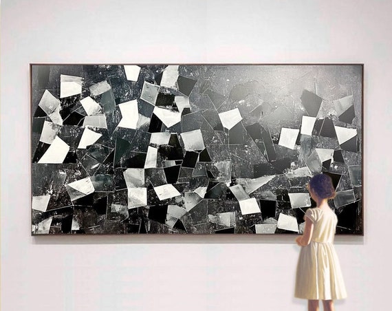 Abstract Acrylic Painting Black White Gray Geometric Shapes Textured Layered Art For Living Room Entryway Dining Room