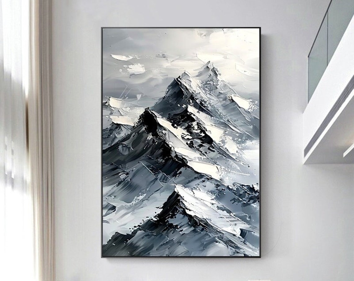 Black And White Snowy Mountain Peak Vertical Painting Poster