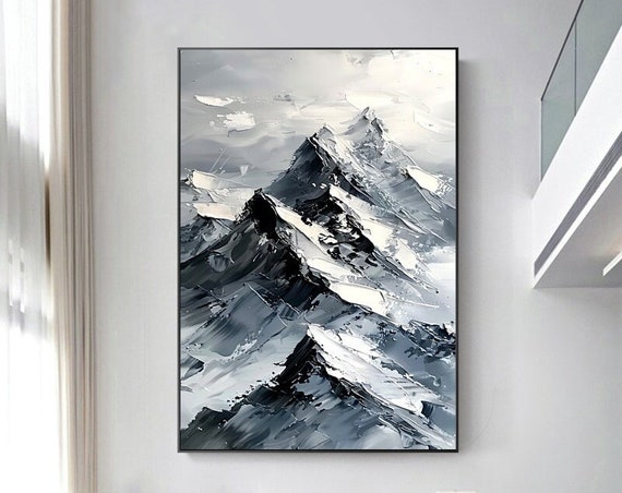 Abstract Thick Paint Palette Knife Painting With Black And Gray Snow Capped Mountains Living Room Entryway Dining Room