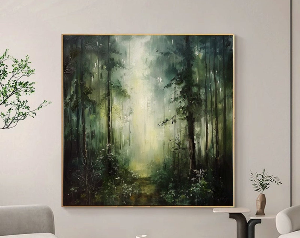 Misty Sunlit Forest Path in Soft Morning Light Nature Artwork Poster