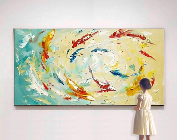 Abstract Acrylic Painting Of Swimming Fish Textured Palette Knife Art With Layered Depth For Living Room Entryway Dining Room
