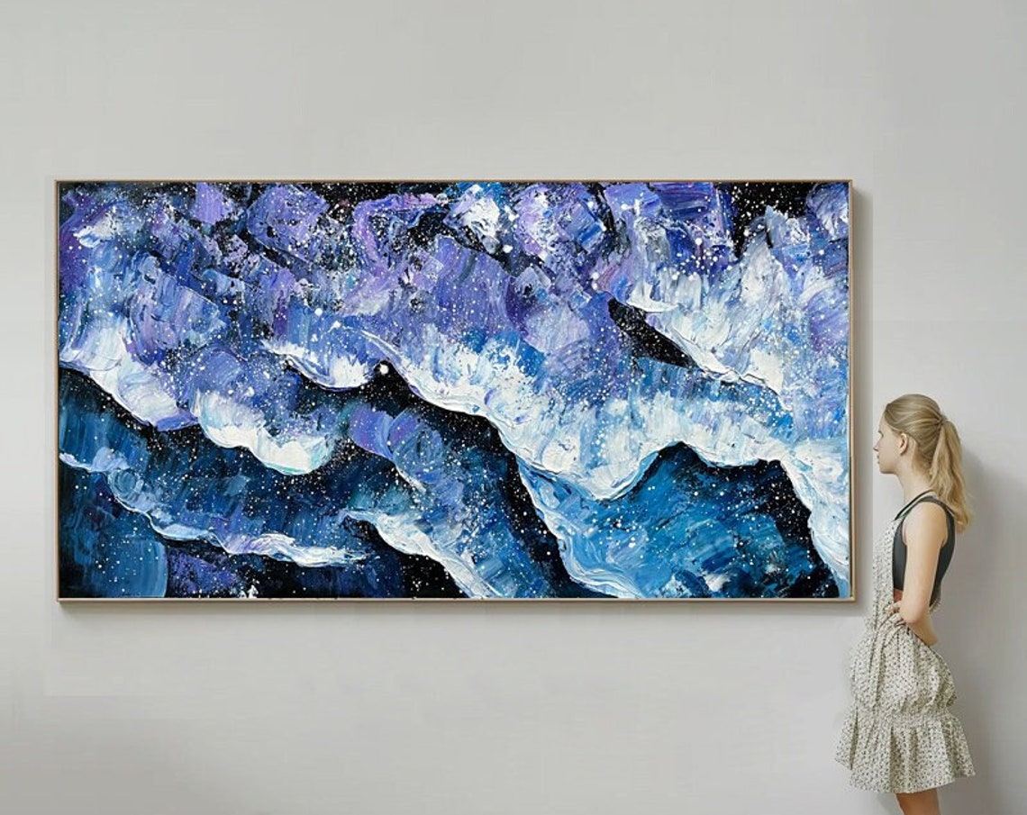 Blue Purple Crashing Waves Thick Texture Abstract Panoramic Art Poster