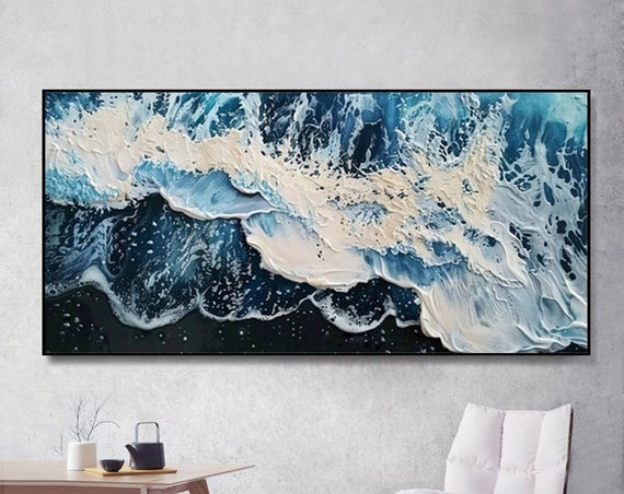 Abstract Waves Oil Painting Black Sand Beach Seascape Blue Ocean Surface Textured 3d Art For Living Room And Entryway Wall Decor