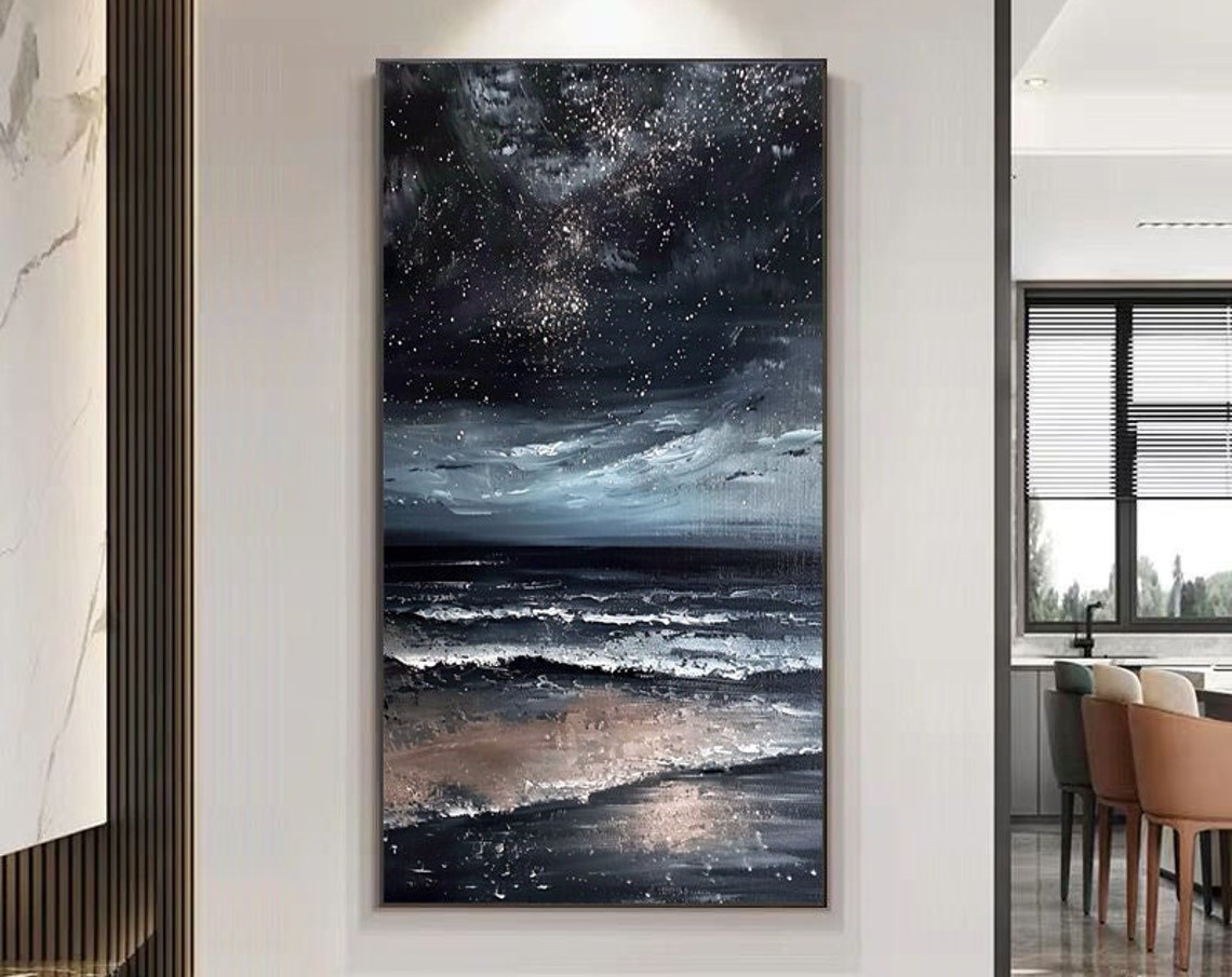 Glittering Starry Sky Above Black Midnight Ocean Waves Vertical Poster