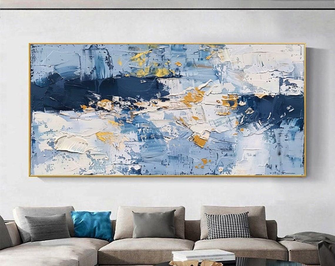 Deep Blue White and Gold Abstract Textured Canvas Artwork Poster - Image 6