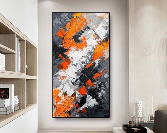 Abstract Oil Painting In Orange White And Grey Textured 3d Art For Living Room And Entryway