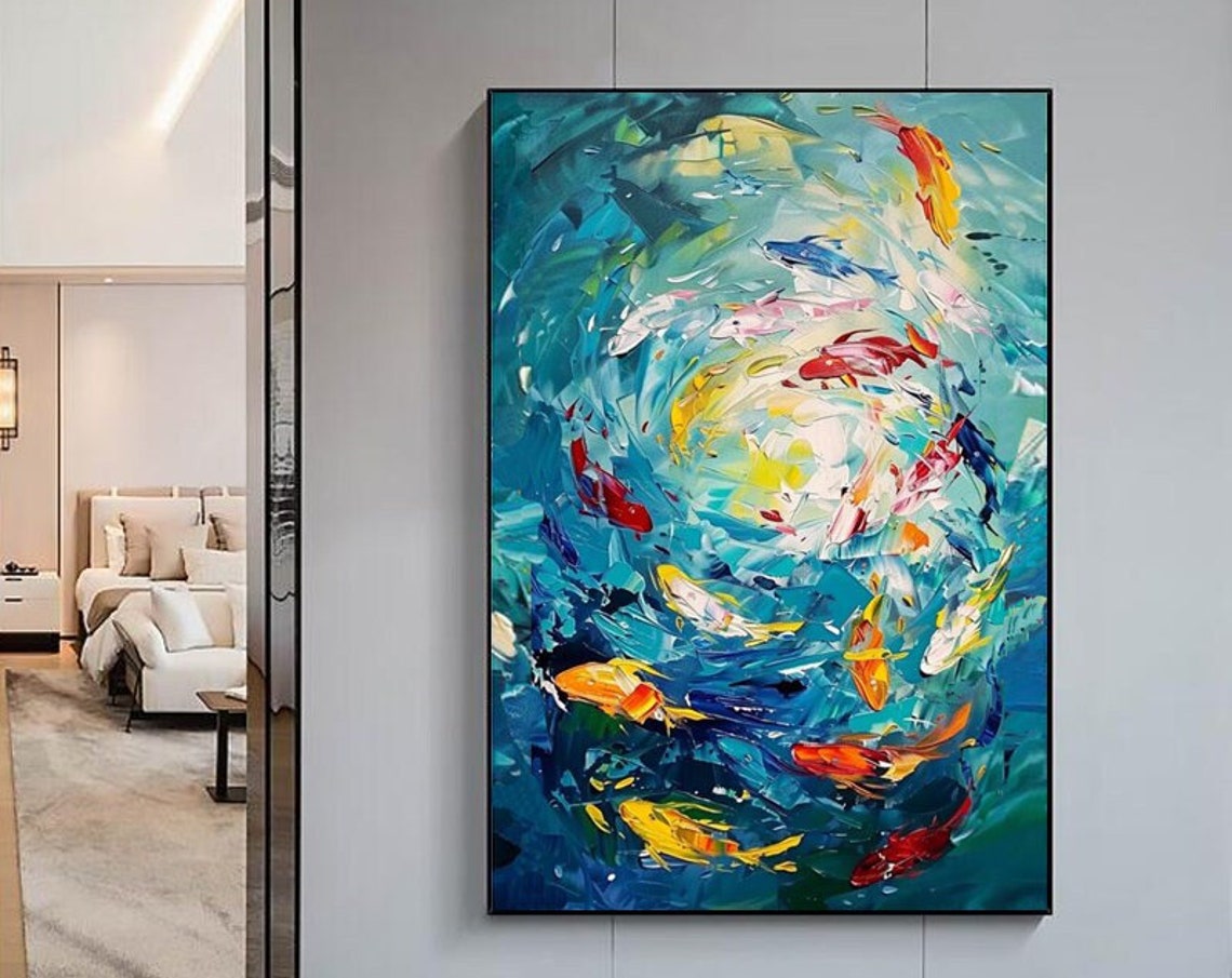 Vibrant Colorful Koi Fish Swirling in Deep Teal Water Art Poster