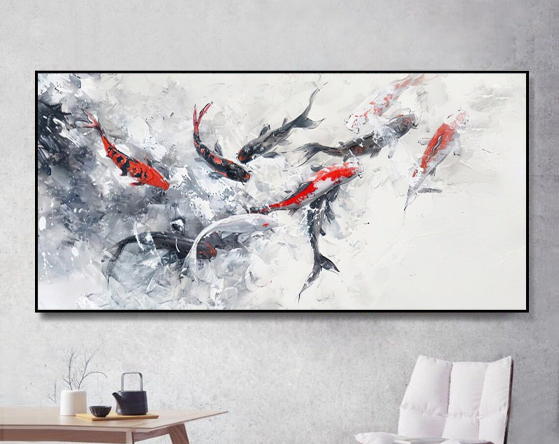 Black and White Koi Fish Oil Painting Wall Art