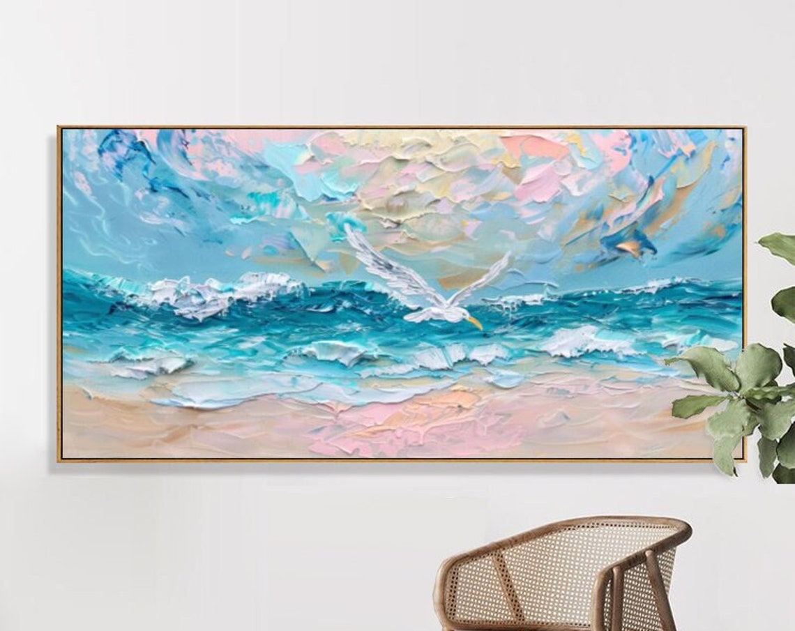 Seagull Over Ocean Waves Pastel Blue Pink Coastal Art Painting Poster
