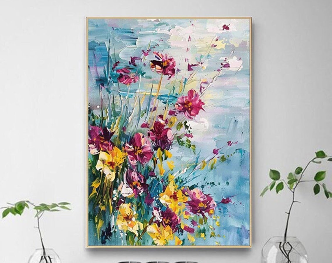 Pink Yellow Wildflowers Textured 3D Floral Vertical Painting Poster