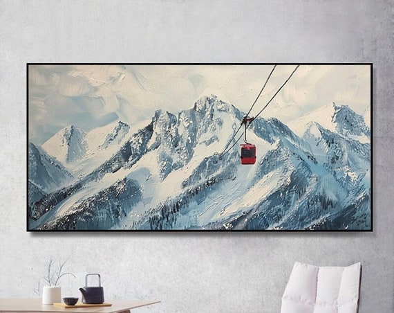 Abstract Painting Of Snowy Mountains With Cable Car Gray Tone Background Textured Palette Knife Art For Living Room Entryway Dining Room