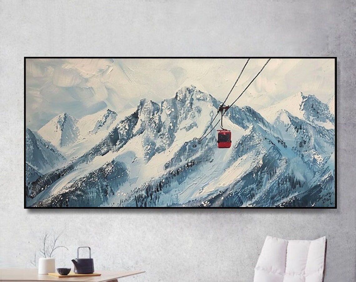 Serene Snowy Alpine Peaks With a Red Cable Car Winter Scene Poster