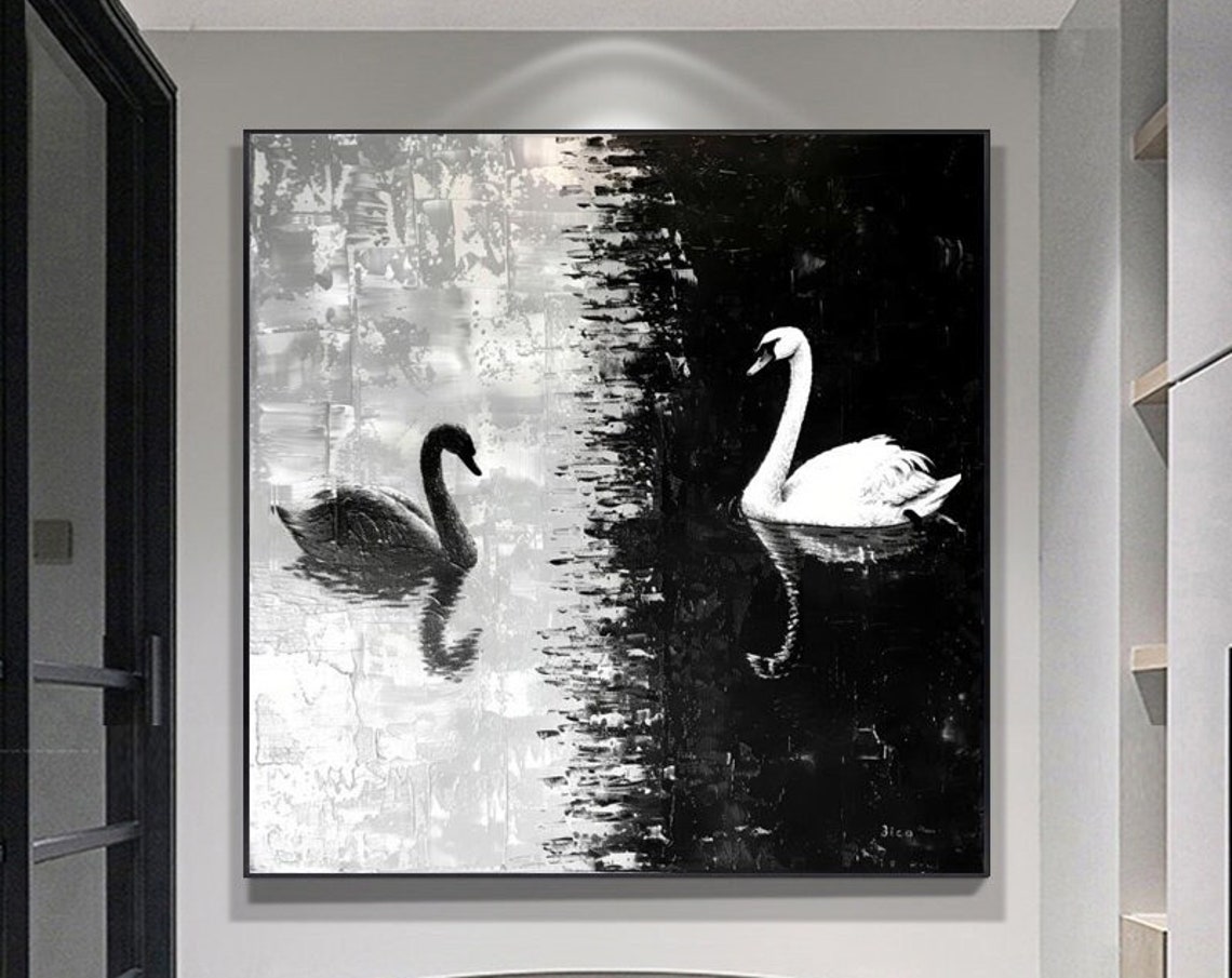 Black and White Swans Gliding on a Moonlit Lake Square Poster