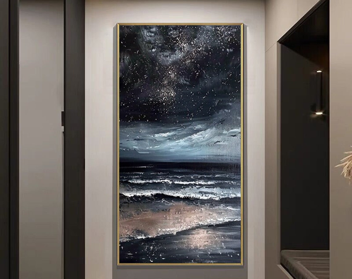 Glittering Starry Sky Above Black Midnight Ocean Waves Vertical Poster - Image 4