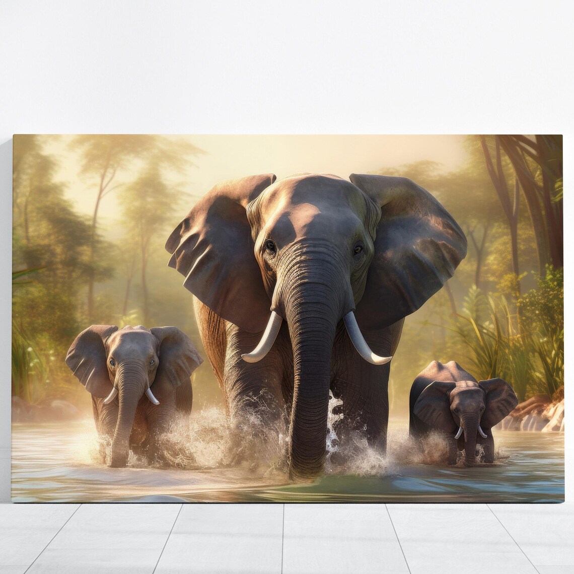 Elephant Family Crossing River, Jungle Safari Gift