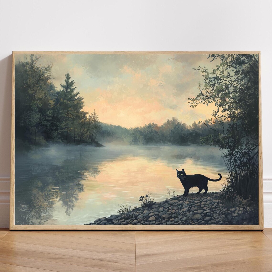 Whimsical Black Cat Art Print, Calming Landscape