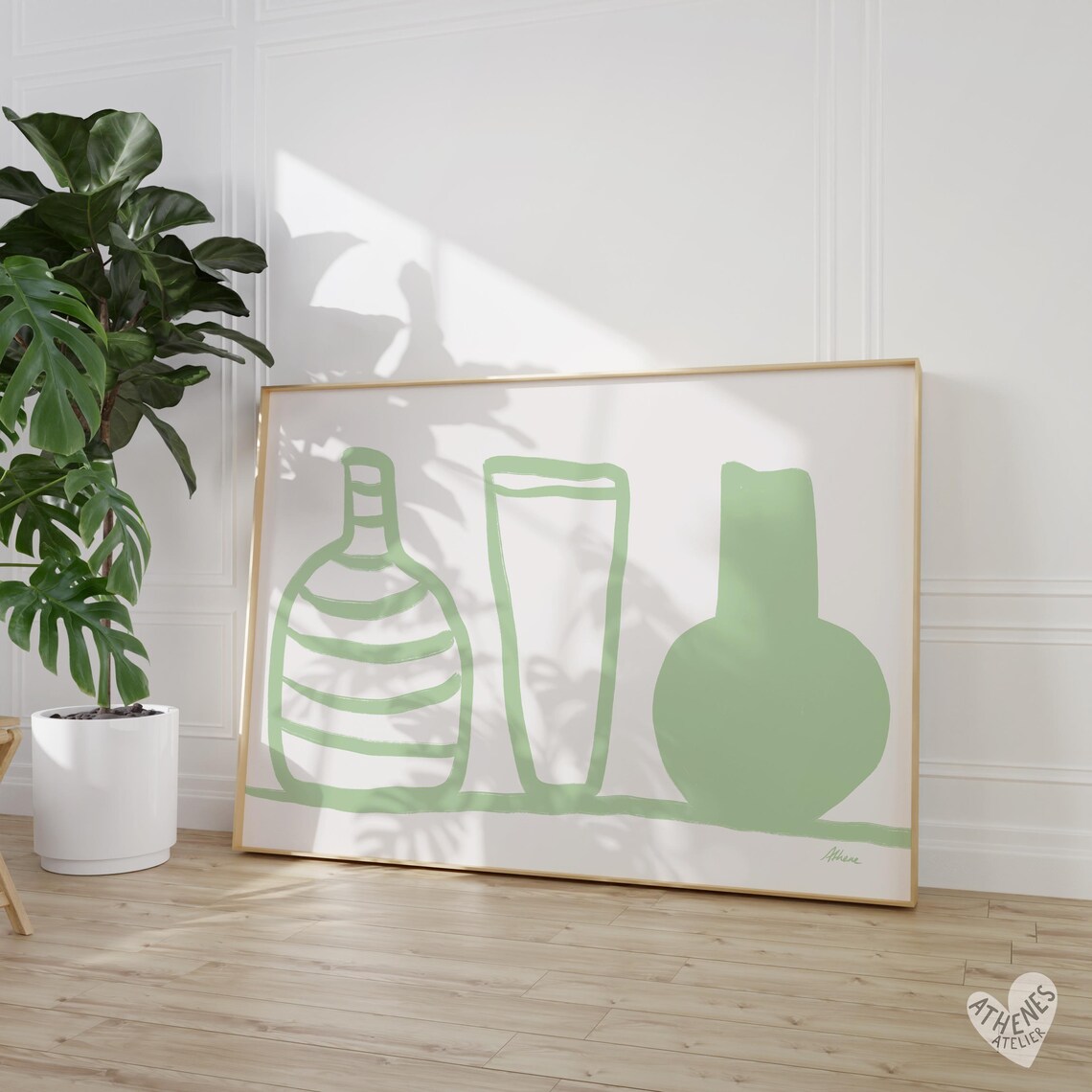 Green Vases Sage Wall Art Kitchen Decor Apartment Simple Illustrations Hand Drawn Prints Horizontal