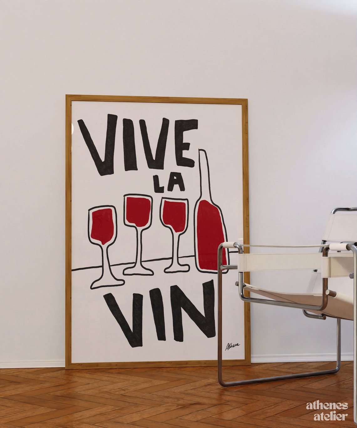 Vive La Vin Three Glowing Red Wine Glasses French Bar Cart Poster