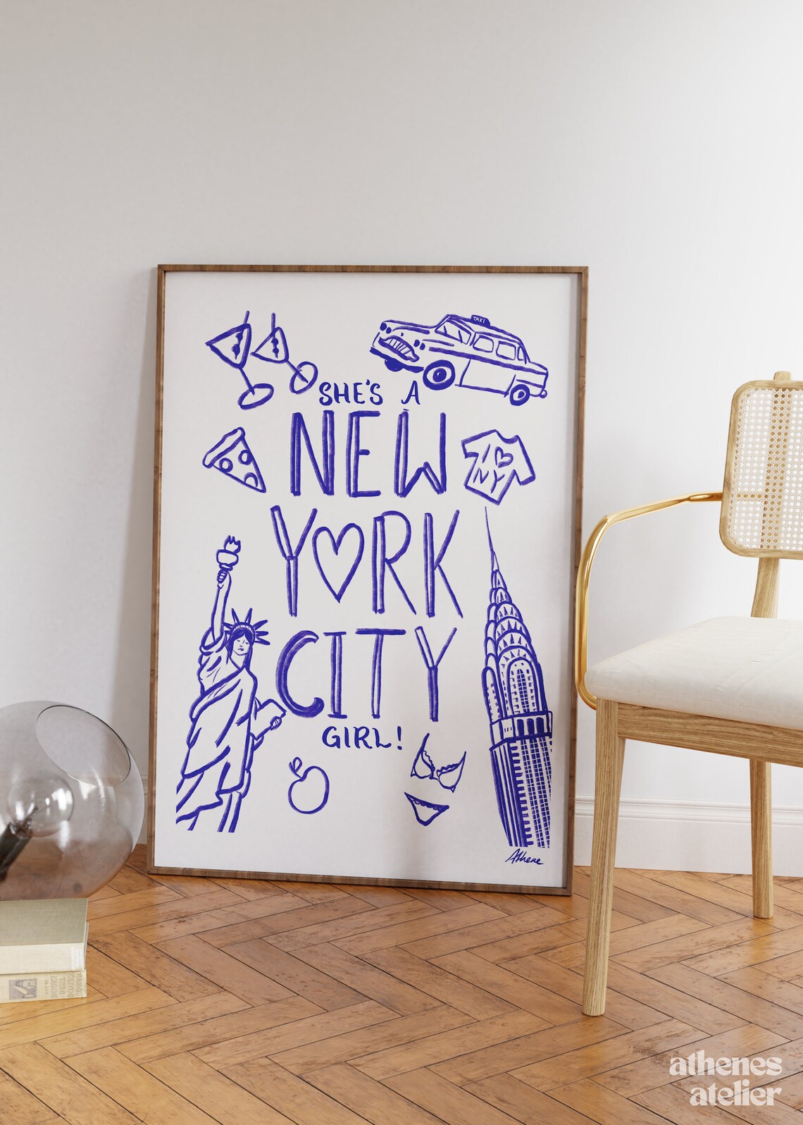 She's A New York City Girl Blue Hand Drawn City Travel Art Poster
