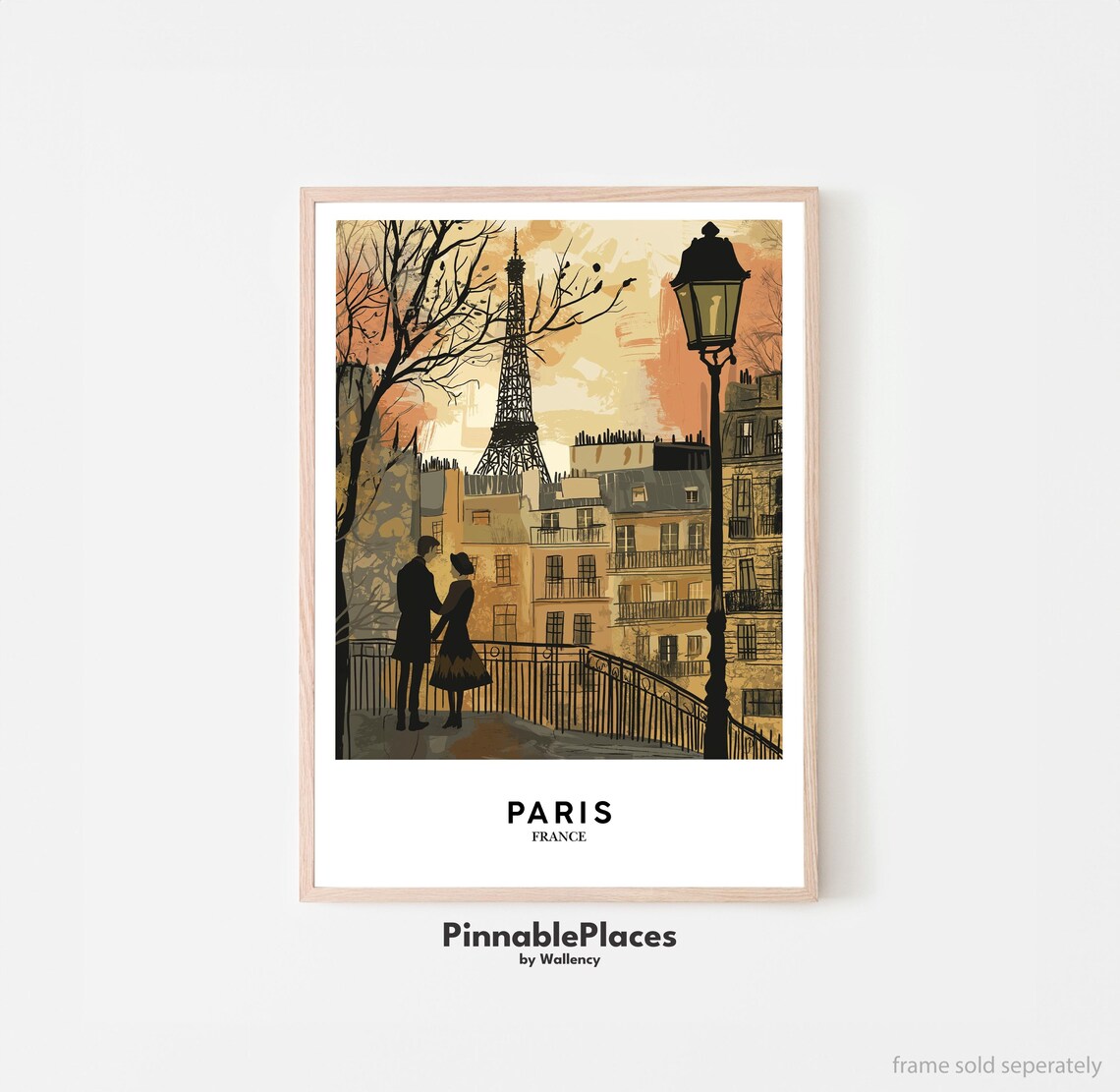 Paris France Eiffel Tower Romantic Couple Street Lamp Art Poster