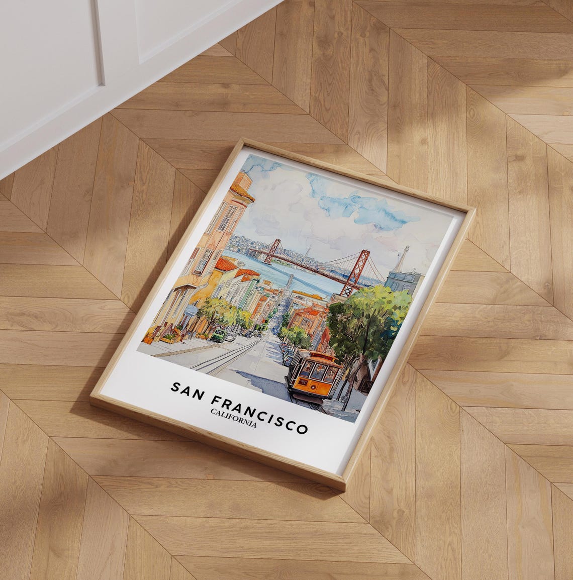 San Francisco California Cable Car Watercolor Golden Gate View Poster