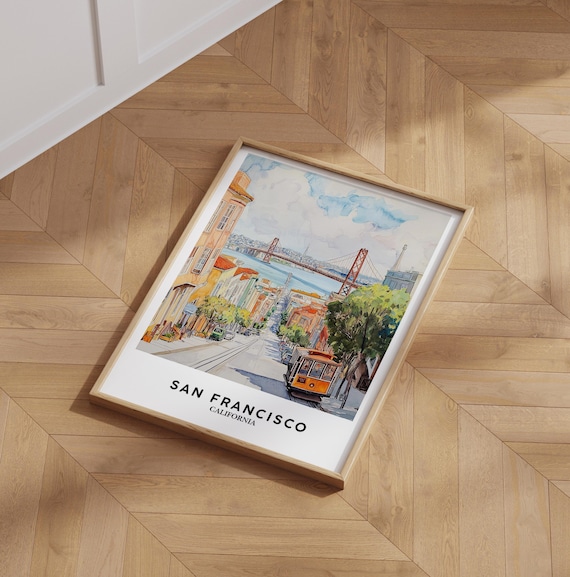 San Francisco California Cable Car Watercolor Golden Gate View Poster