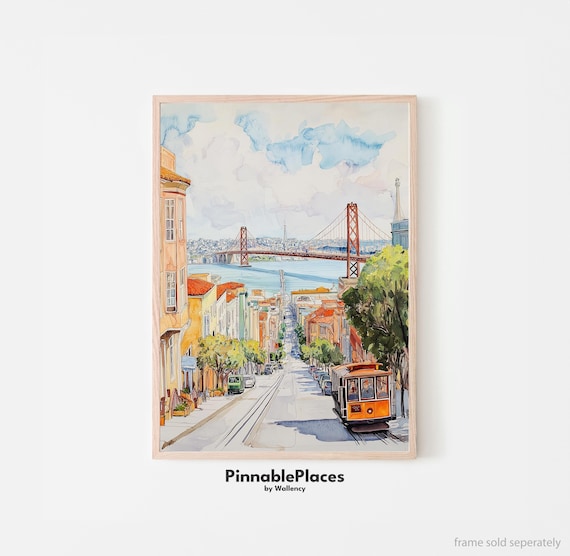 San Francisco Watercolor Poster Cable Car Golden Gate Bridge City Street Art