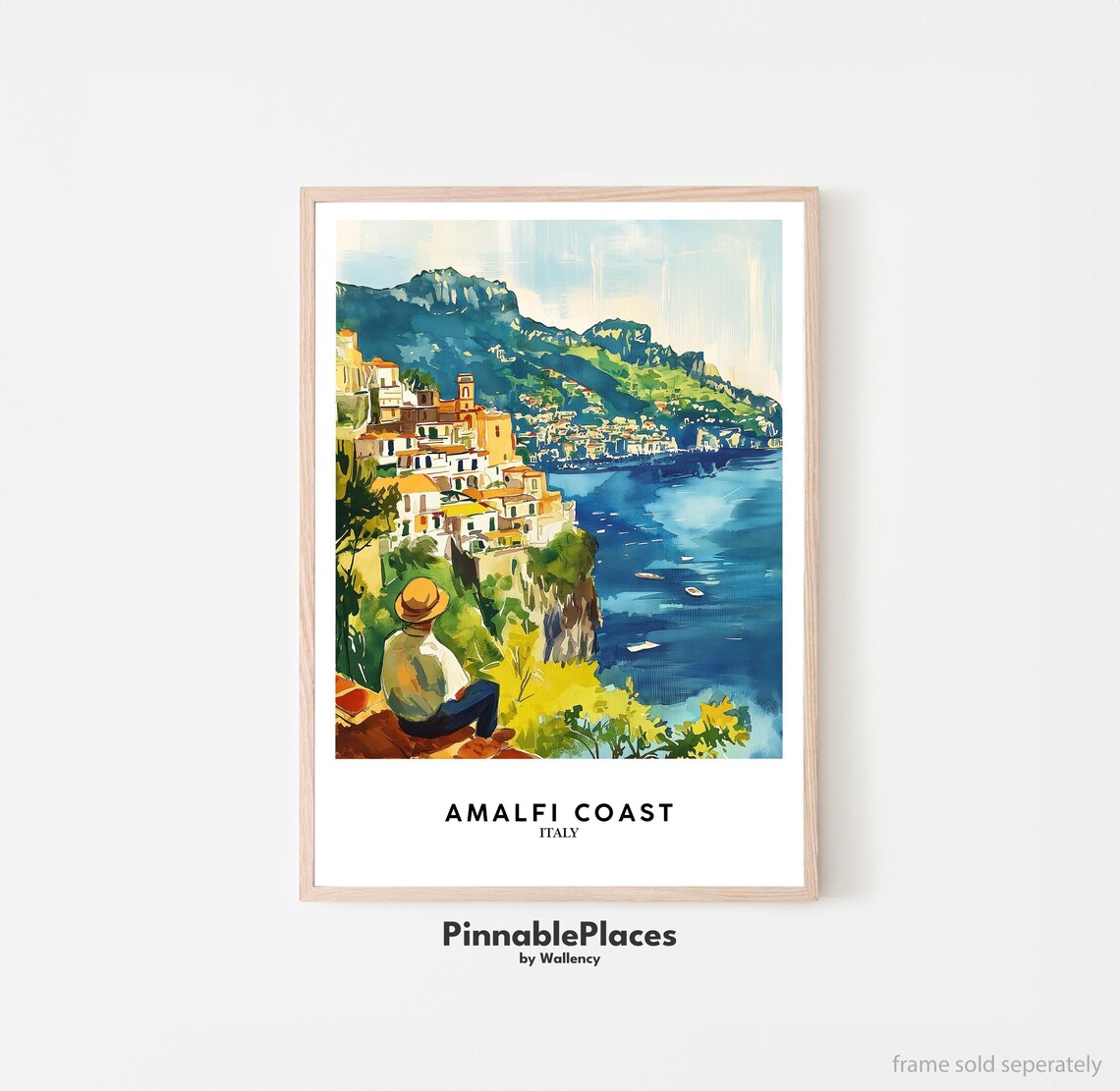 Amalfi Coast Italy Watercolor Figure Overlooking the Coastline Poster