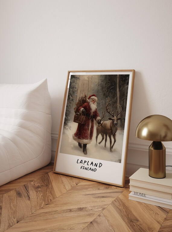 Santa Claus With Reindeer in Snowy Forest Lapland Finland Poster
