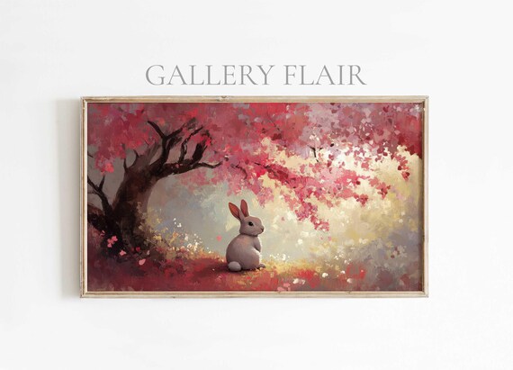Bunny Under Red Blossoming Tree Impressionist Spring Wall Art