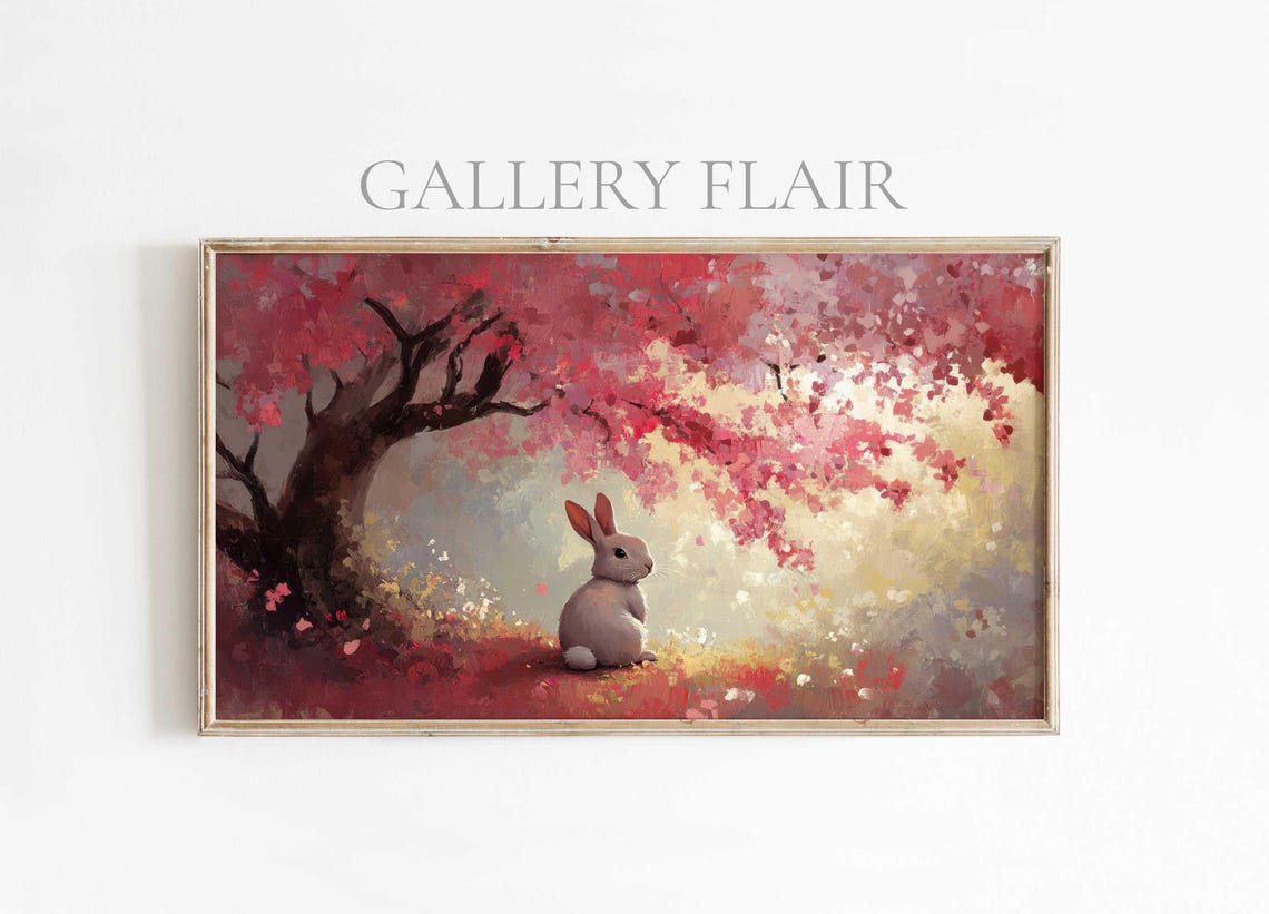 Bunny Under Red Blossoming Tree Impressionist Spring Wall Art