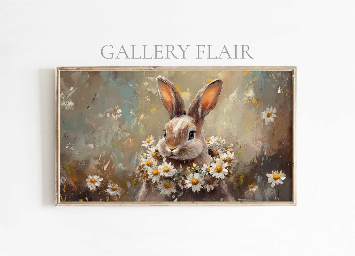 Bunny With Daisy Wreath Impressionist Spring Painting Wall Art