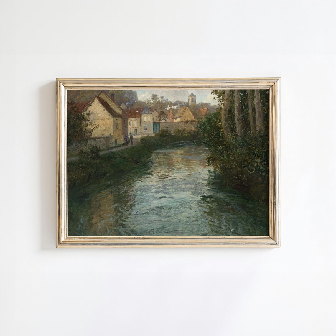 Vintage Riverside Village Poster, Rustic Landscape