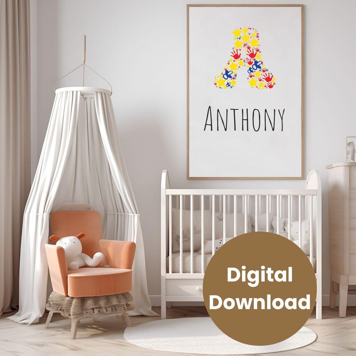 Star and Handprint Letter A Personalized Nursery Name Digital Poster - Image 3