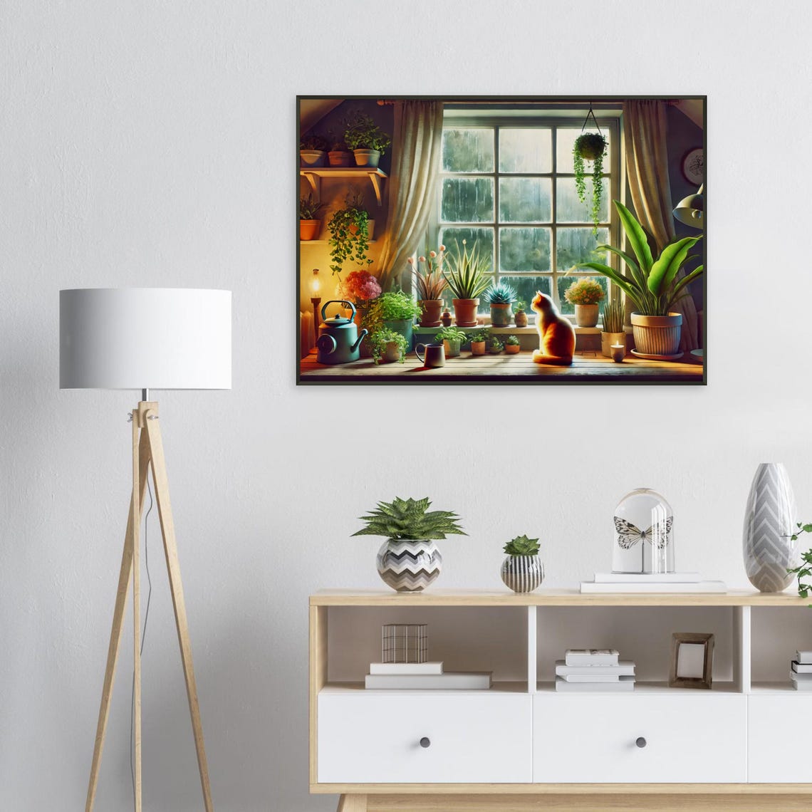 Ginger Cat Rainy Window Houseplant Cozy Warm Lamp Light Poster - Image 2