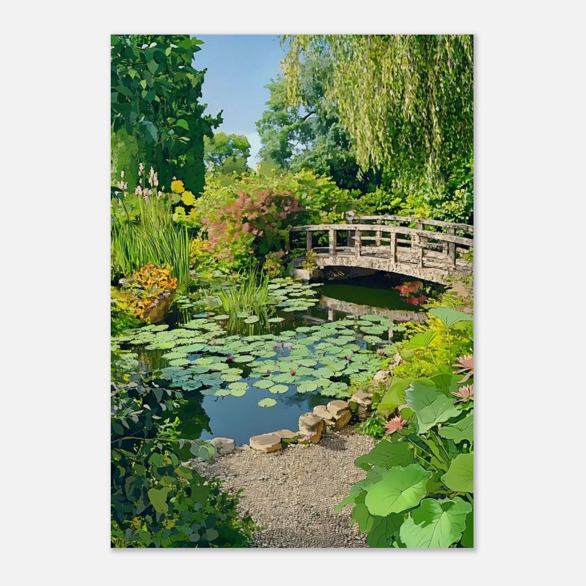 English Summer Garden Stone Bridge Lily Pond Illustration Poster - Image 2