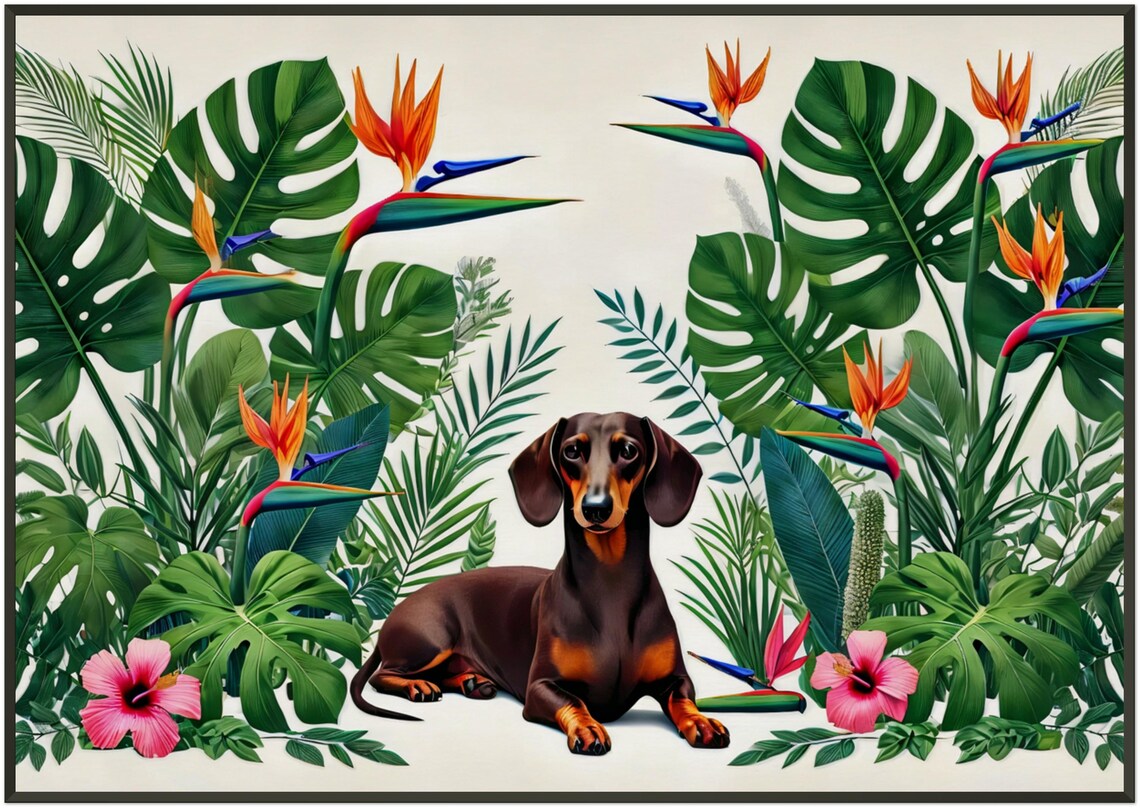 Cute Chocolate Dachshund Tropical Botanical Garden Flower Poster